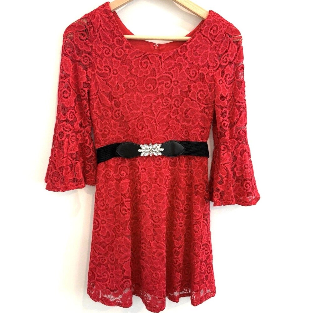 Amy Byer Lace A-Line Dress Sz 12 Red Bell Sleeve Sweetheart Formal Boho Western